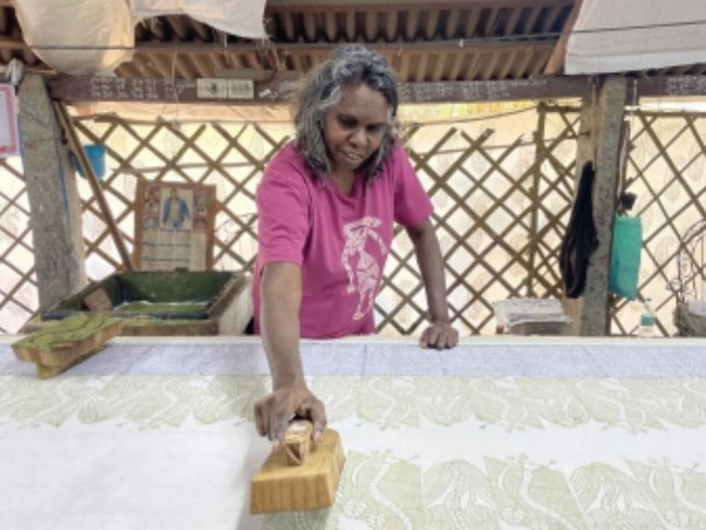 Deborah Wurrkidj printing at Tharangini Studio, Bangalore, in 2023. Picture: Jessica Stalenberg