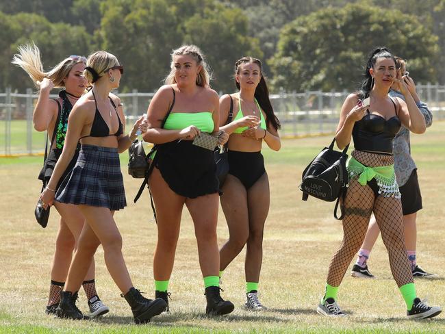 Some friends attending the Electric Gardens Music Festival at Centennial Park chose to co-ordinate their outfits. Picture: Matrix