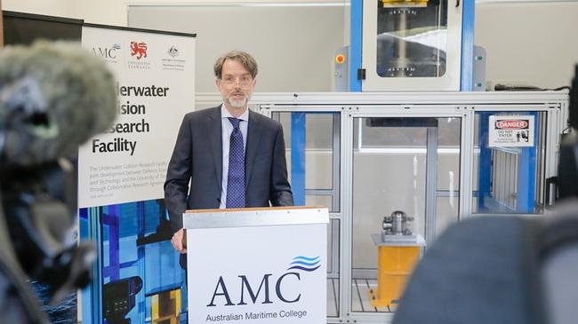 UTAS Vice-Chancellor Professor Rufus Black speaks at the opening of the Australian Maritime College's new Underwater Collision Research Facility. Picture: PATRICK GEE