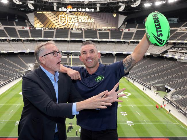 Foxtel boss Patrick Delany and NRL360 host Braith Anasta did four hours of interviews at Allegiant Stadium today., Photos by Greg Grudt/Mathew Imaging, If these photos will be used on Social Media, please be sure to tag the following: @mathewimaging