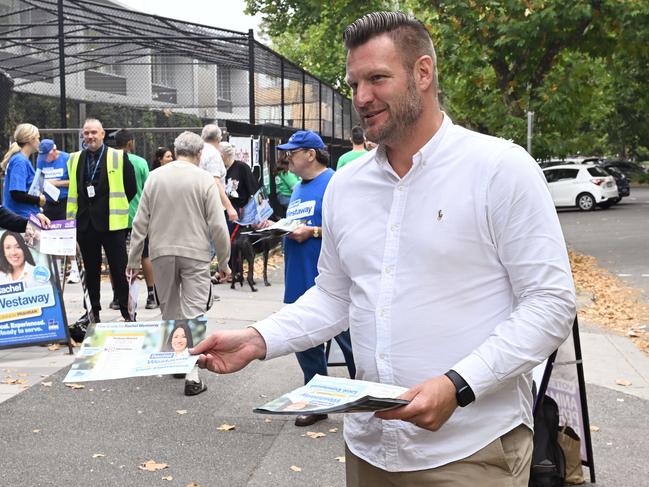 Liberal MP Sam Groth hands out flyers at St Michael’s Grammar School. Picture: Josie Hayden