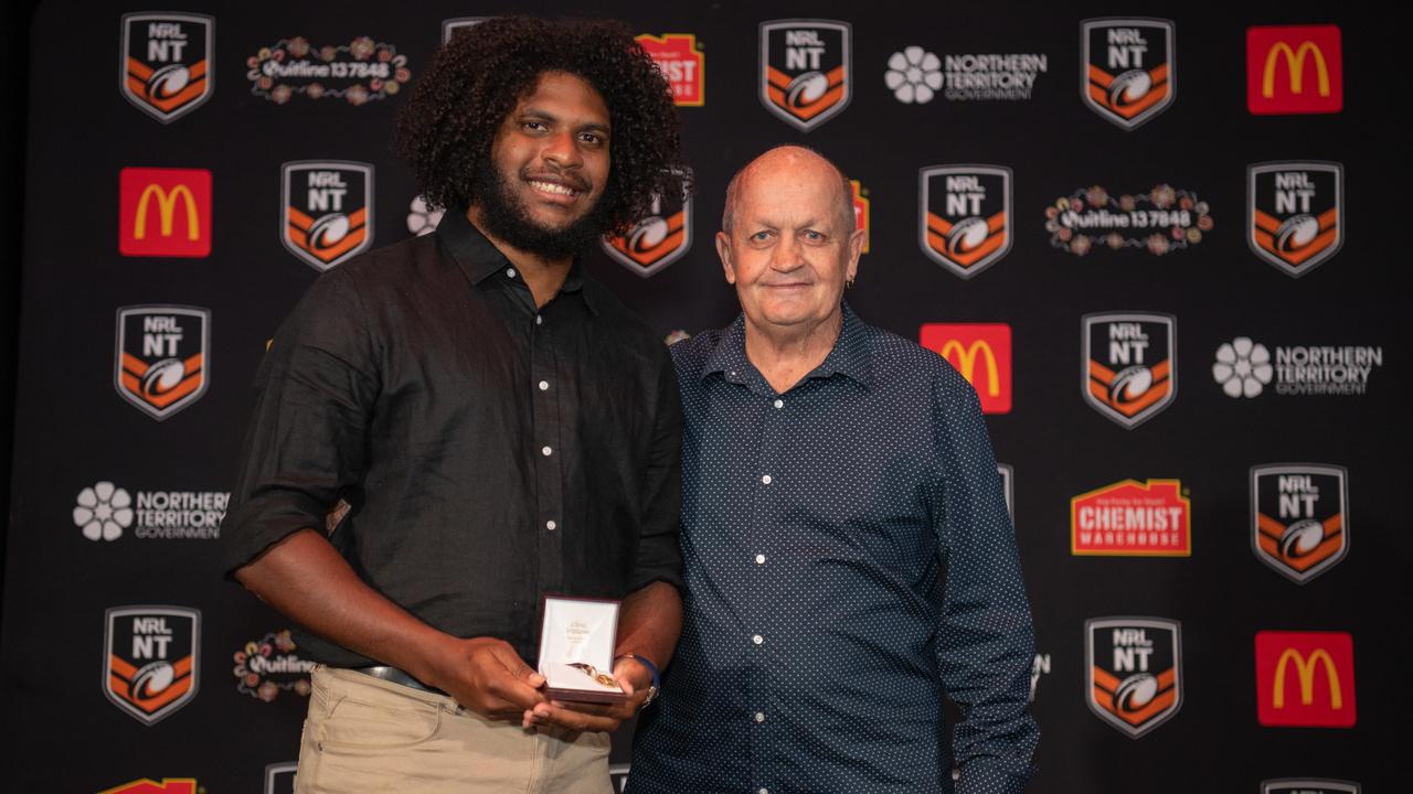 Caleb Niki and John Johnson at the 2023 NRL NT Frank Johnson / Gaynor Maggs medal night. Picture: Pema Tamang Pakhrin