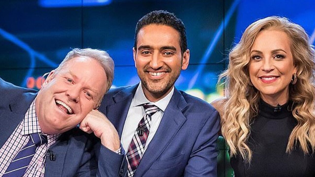 Peter Helliar (left) with his former The Project co-hosts Waleed Aly and Carrie Bickmore.