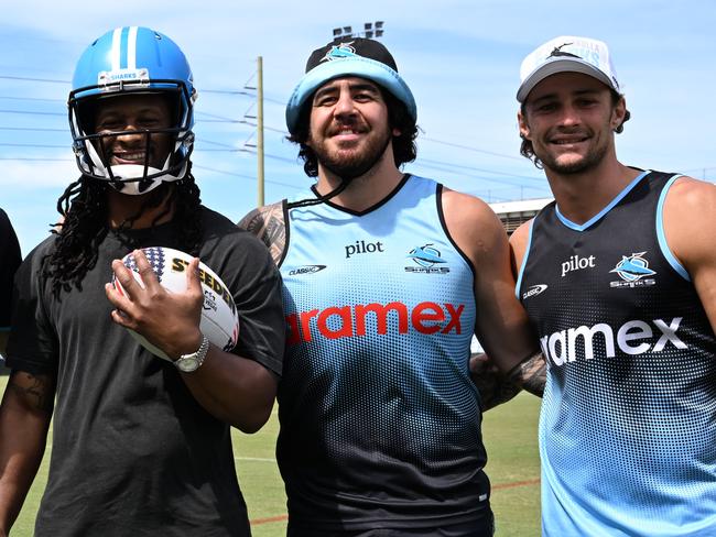 Former NFL star Todd Gurley visits the Cronulla Sharks at training. Picture: Supplied.