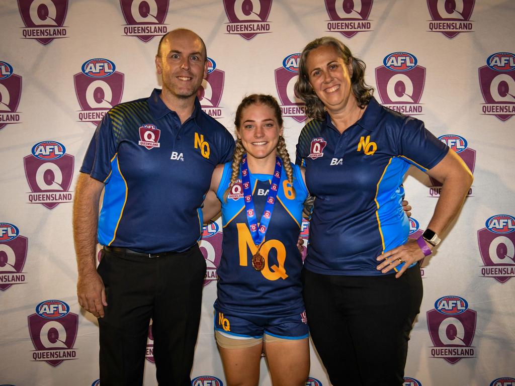 NQ coach Wayne Siekman (left) with midfield bull and best-on-ground Olivia Meagher in the 2024 South Queensland v North Queensland intrastate rep game. Picture: Highflyer Images