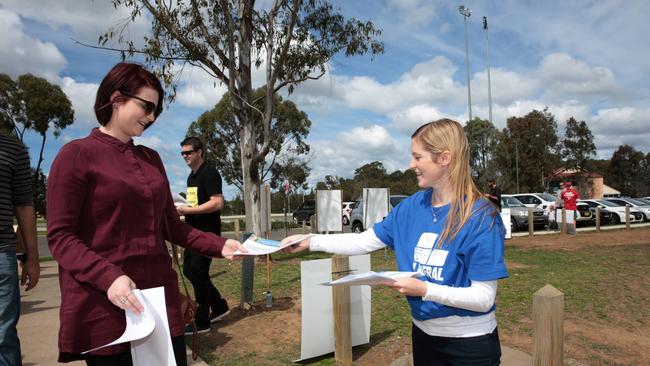 Liberal candidate Lara Symkowiak at Harrington Park Public School. Picture: Robert Pozo