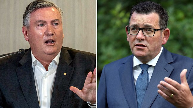 Victorian Premier Daniel Andrews, right, has backed Collingwood President Eddie McGuire. Pictures: Jake Nowakowski, David Crosling