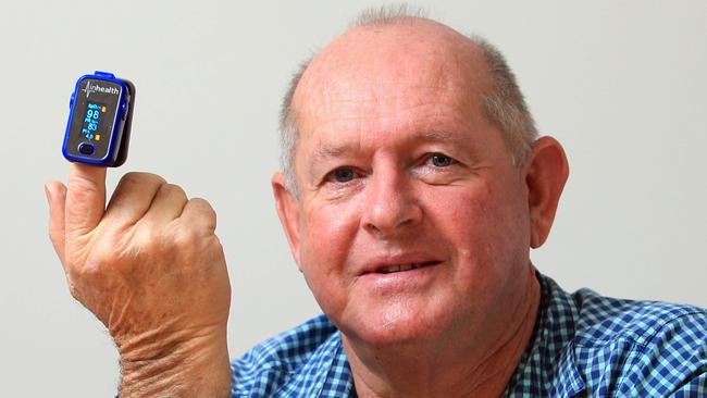 COVID-19 patient David Kirton used a device called a pulse oximeter to measure his blood oxygen levels when he was recovering at home. Picture: Aaron Francis