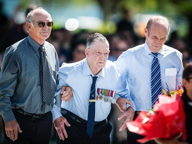 97-year-old Defense of Darwin veteran Mervyn Ey makes his way to the cenotaph during the 77th Anniversary of the Bombing of Darwin special commemorative service in Darwin, Tuesday, February 19, 2019. (AAP Image/GLENN CAMPBELL)