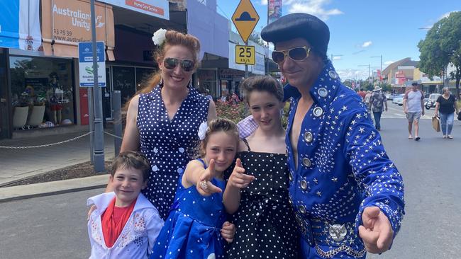 Flynn, Sheree, Anna, Bella, and Greg Camham at the Elvis Festival in Parkes.