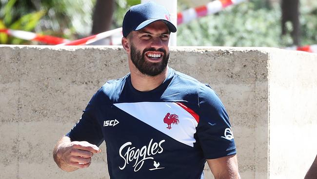 DO NOT USE WITHOUT PERMISSION FROM DAILY TELEGRAPH SPORT EDITOR ADAM MOBBS — New Sydney Roosters signing James Tedesco walks to a closed training session at Moore Park, Sydney. Picture: Brett Costello