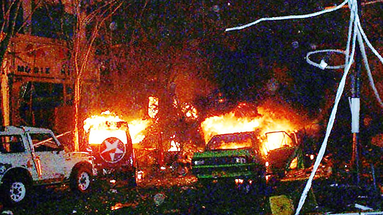 Buildings and cars burning after a bomb blast in Kuta, Bali, on October 13, 2002. Picture: AFP Photo/Darma