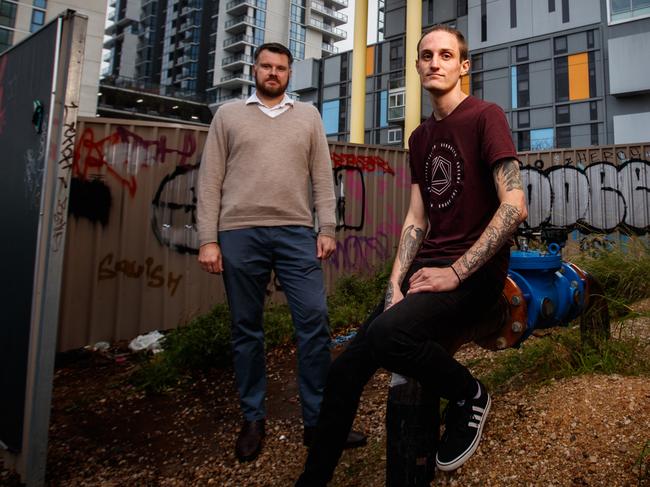 16/6/2020 David Pearson, homeless campaigner and a former homeless man, James pictured in Adelaide. Picture MATT TURNER.