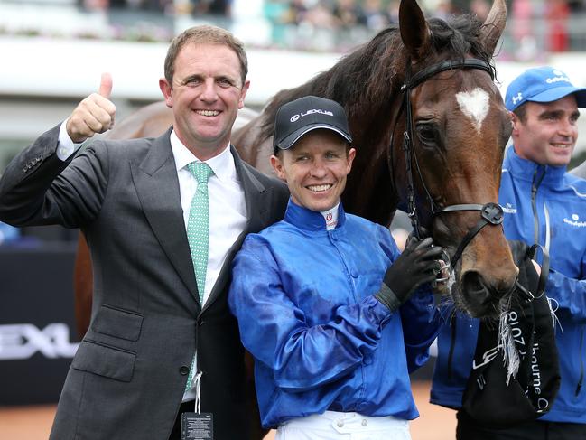 Winning trainer Charlie Appleby, with jockey Kerrin McEvoy, has delivered England its first Melbourne Cup.