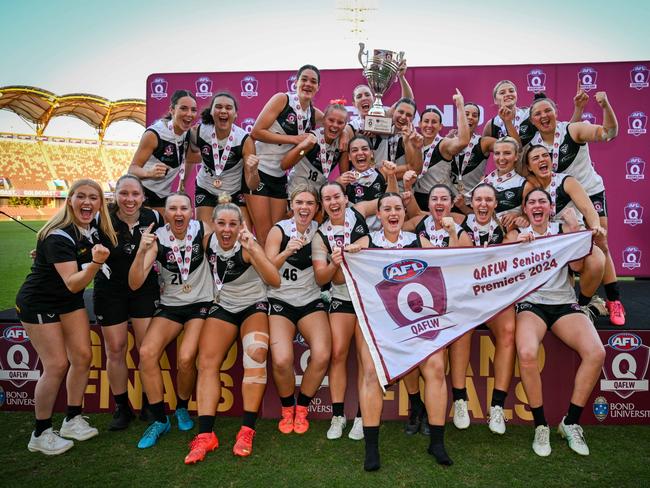 Southport Sharks win the 2024 Bond University QAFLW Seniors. Credit: Queensland AFL Media and Highflyer Images