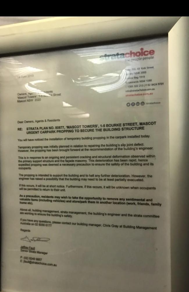 The strata notice warning of ‘urgent carpark propping to secure the building structure. Picture: Supplied