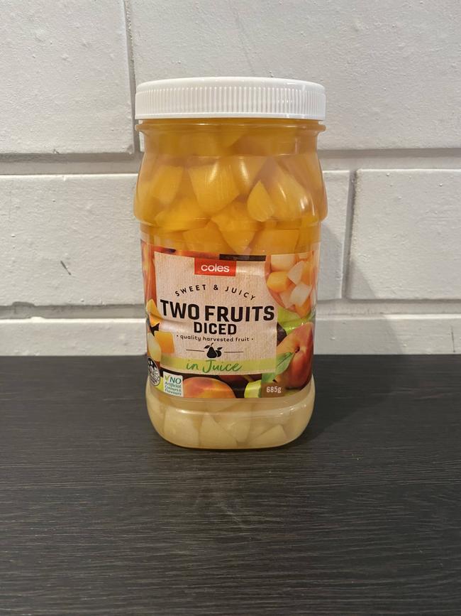 Coles Two Fruits Diced in juice (685g). Picture: Michaela Meade