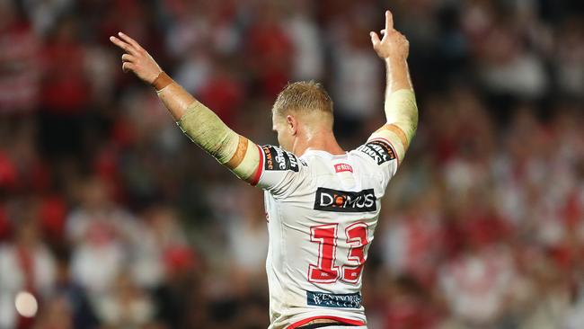 St George's Jack de Belin celebrates victory at full time after the St George v South Sydney rugby league match at Jubilee Oval, Kogarah. Picture: Brett Costello