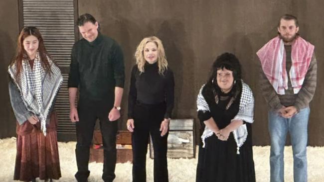 Harry Greenwood (R) along with co-stars Megan Wilding (2nd R) and Mabel Li (L) wore keffiyeh scarves during the encore at the opening night of the STC production of The Seagull at Sydney’s Roslyn Packer Theatre. Picture: Instagram