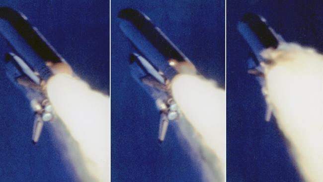 Tragic ... These sequential photos released by NASA show US space shuttle Challenger breaking up. Picture: NASA