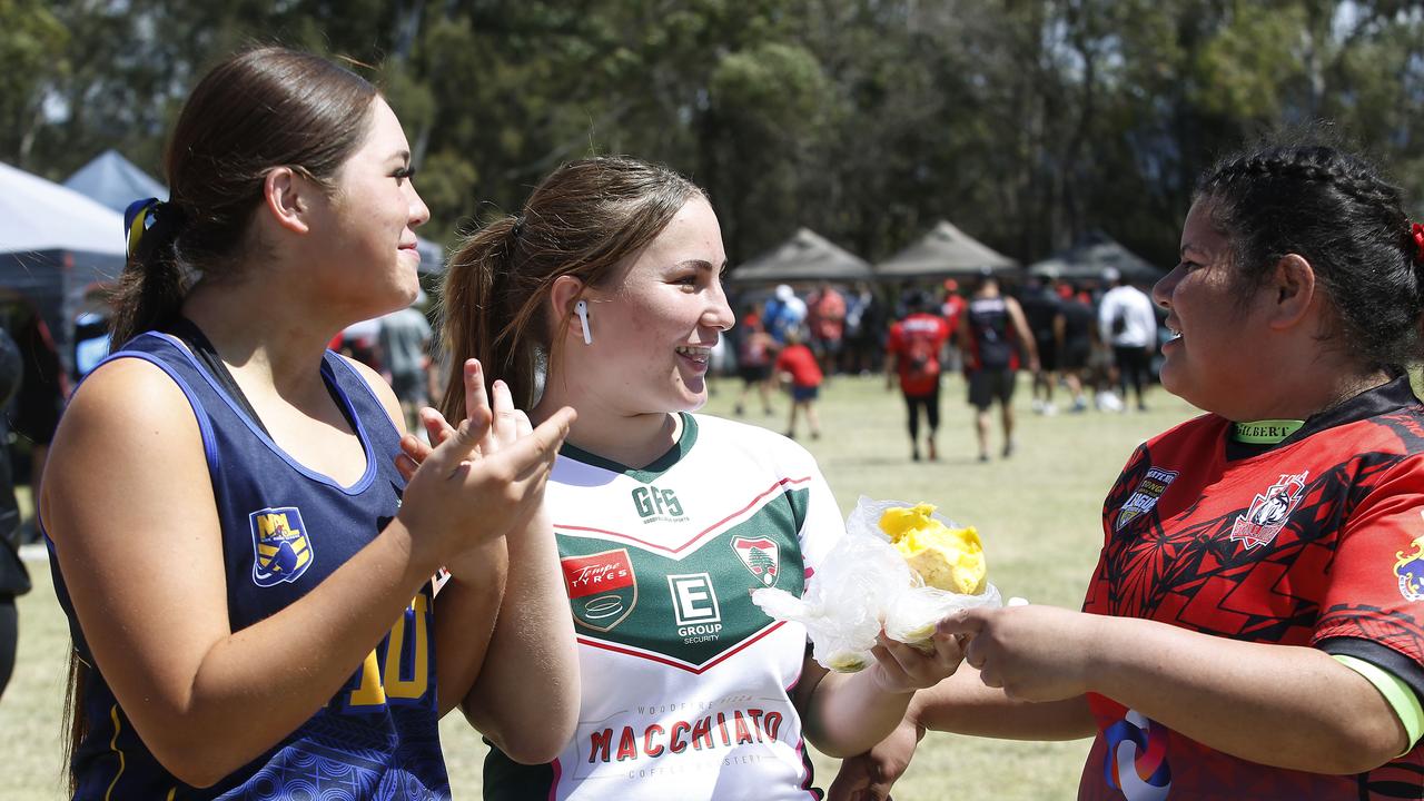 L to R: liliana Kokaua -15 playing for Niue, Marwa Fayad -15 playing for Lebanon and Leilani Makalio-Harris -16 playing for Tonga. Harmony Nines Rugby League. Picture: John Appleyard