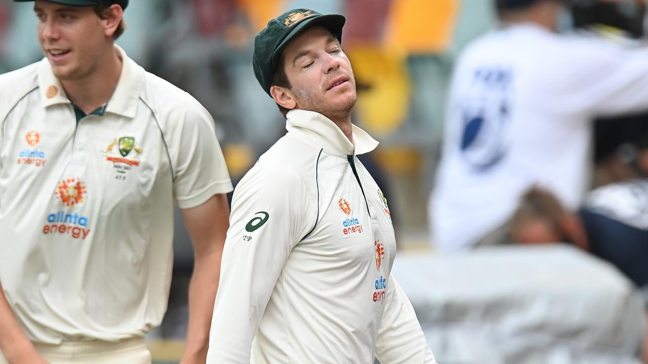 Australian skipper Tim Paine reacts to the rain delay during day two.