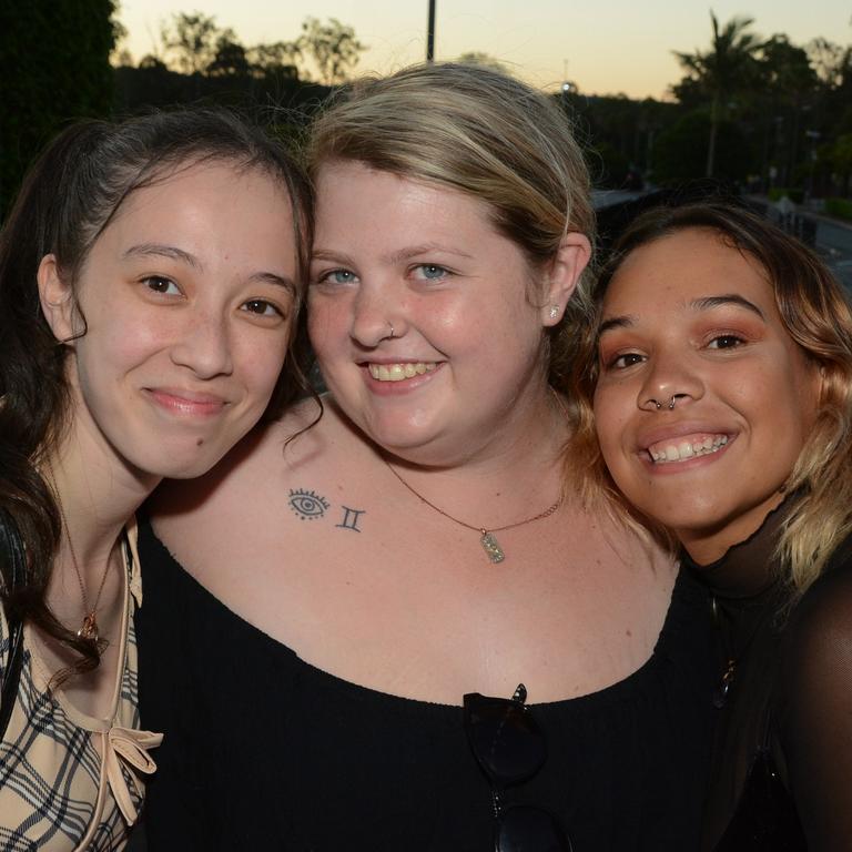 Mystique Gibson, Paige Everingham and Mykala Campbell at opening of Steel Taipan ride, Dreamworld. Picture: Regina King