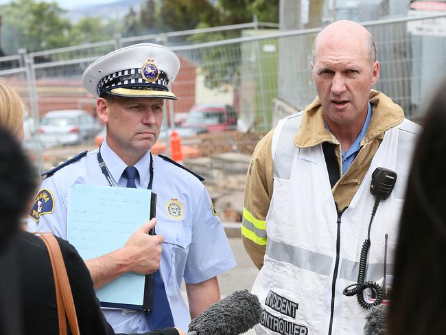 Tasmania Police Inspector Adrian Bodnar, left, and TFS district officer Stuart Males speak to reporters about the Peacock Centre fire. Picture: SAM ROSEWARNE