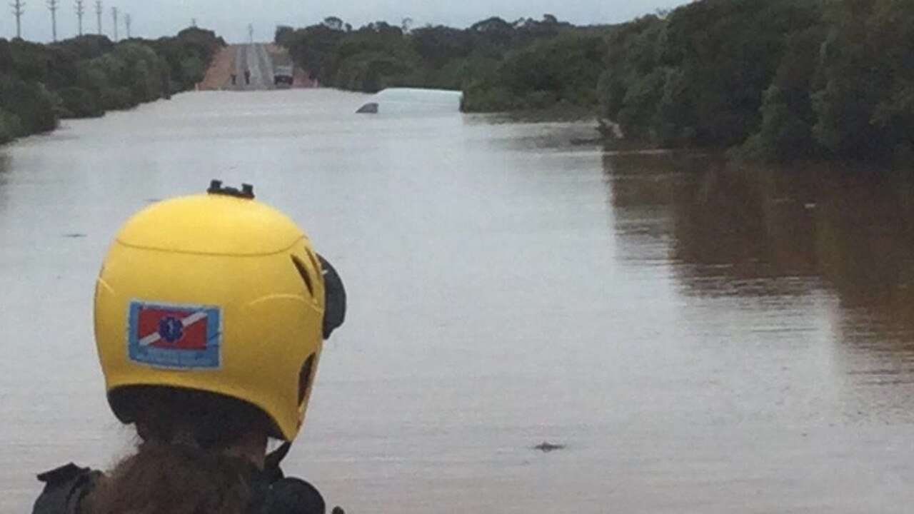 State Emergency Services volunteers were called to Iron Knob Road, about 20km from Whyalla, after a van, carrying two occupants, was swept into floodwaters. Picture: State Emergency Service