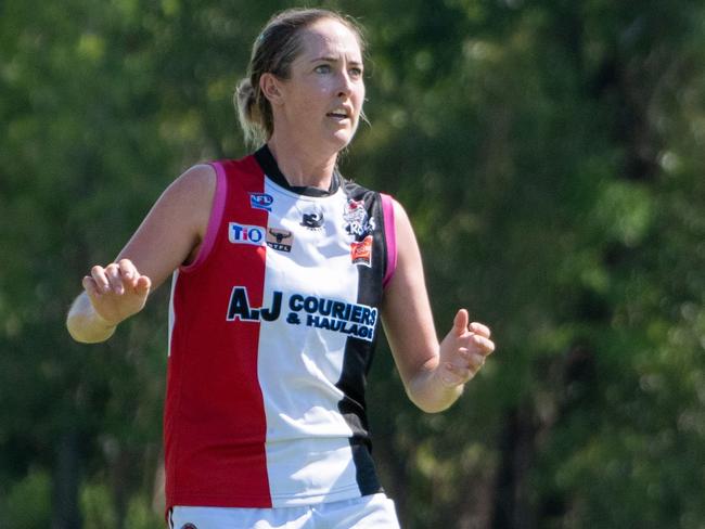 Southern Districts' Malory Nankervis reacts to her shot for goal. Picture: Aaron Black AFLNT/Media