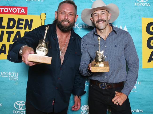 TAMWORTH, AUSTRALIA - JANUARY 25: Vocal Collaboration of the Year winners The Wolfe Brothers pose for a photograph attends the 2025 Golden Guitar Awards at Tamworth Regional Entertainment and Conference Centre on January 25, 2025 in Tamworth, Australia. (Photo by Lisa Maree Williams/Getty Images)