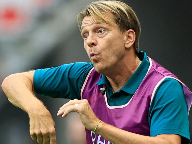 Australia's Swedish coach Tony Gustavsson reacts from the sidelines in the women's group B football match between Australia and Zambia during the Paris 2024 Olympic Games at the Nice Stadium in Nice on July 28, 2024. (Photo by Valery HACHE / AFP)