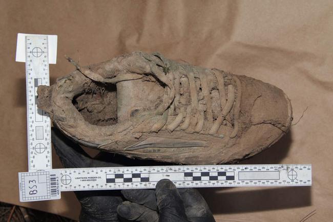 A muddy shoe, believed to be that of Daniel Morcombe, found at Glasshouse Mountains. Source: Police