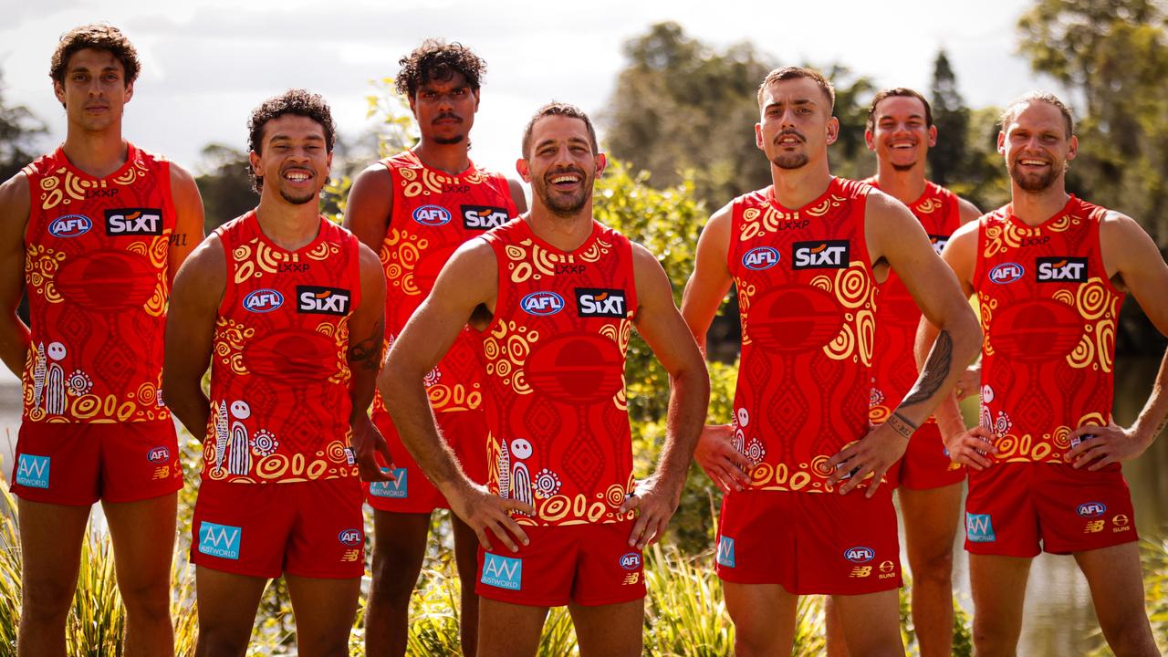 The Gold Coast Suns in their special edition Darwin/Larrakia Indigenous Guernsey for the two Darwin matches.