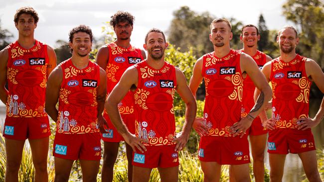 The Gold Coast Suns in their special edition Darwin/Larrakia Indigenous Guernsey for the two Darwin matches.