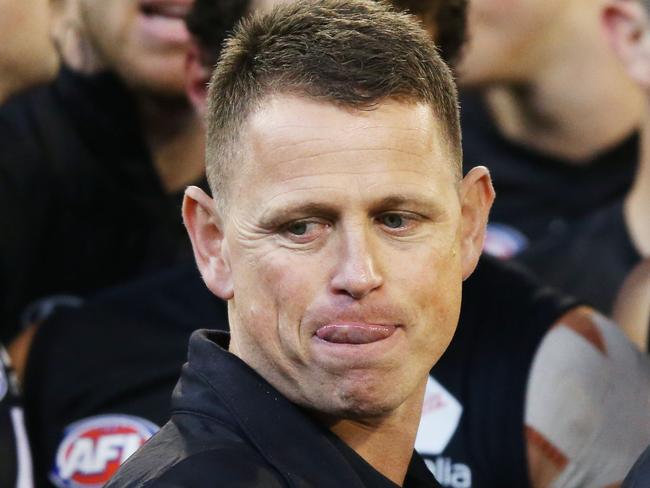 MELBOURNE, AUSTRALIA - JUNE 02: Blues head coach Brendon Bolton walks off during the round 11 AFL match between the Essendon Bombers and the Carlton Blues at Melbourne Cricket Ground on June 02, 2019 in Melbourne, Australia. (Photo by Michael Dodge/AFL Photos/Getty Images)