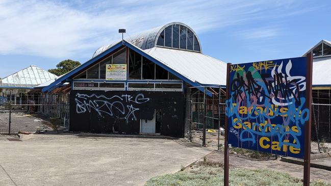 The former Garage Sheds Galore building on Burwood Highway in Burwood has been abandoned for more than 10 years, according to Whitehorse Council. Picture: Kiel Egging.