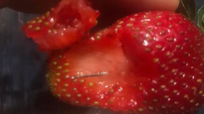 A needle discovered in a strawberry bought in regional Queensland last week. Picture: Facebook