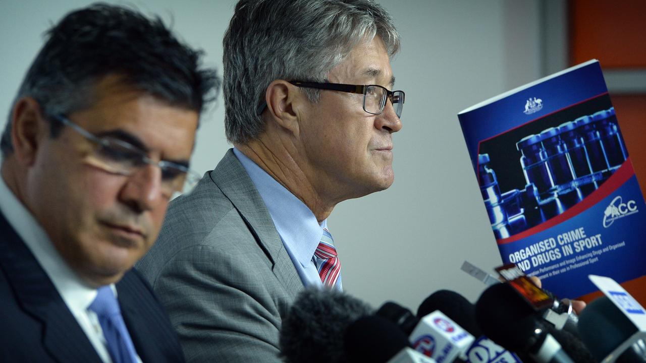 AFL chief executive Andrew Demetriou and chairman Mike Fitzpatrick address the media over a report into organised crime and drugs in sport.