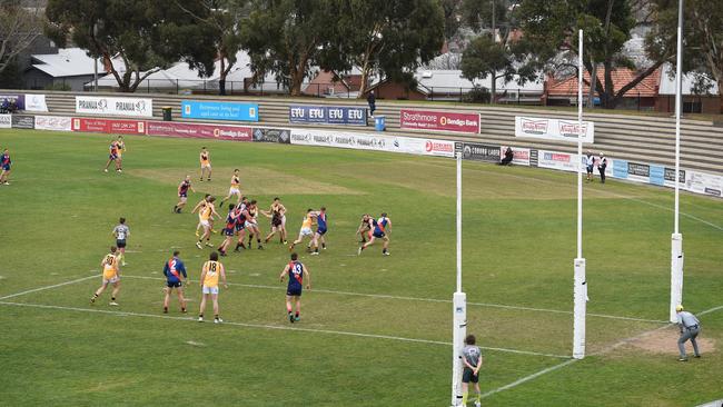 An 18m goalsquare was trialled during a VFL match on Saturday. Picture: Tony Gough