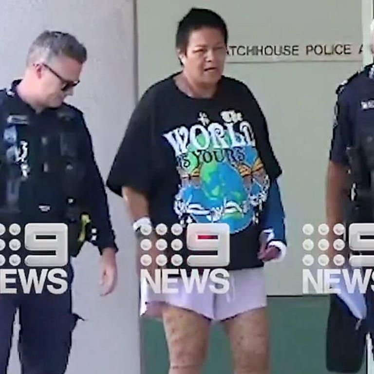 The mother of Broncos player Payne Haas, Uiatu “Joan” Taufua being taken to the watch house from Gold Coast University Hospital in 2023. Source: 9 News.