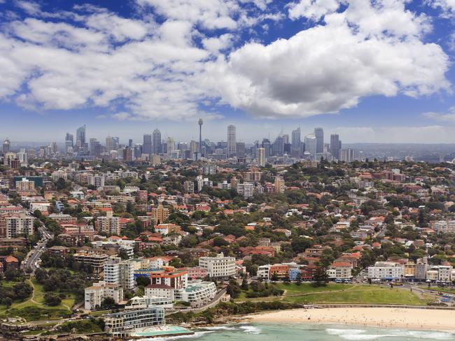 Australian capital city Sydney birds eye view from Bondi beach surt to the city CBD in aerial shot