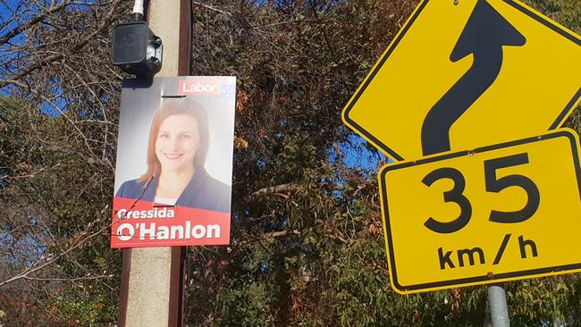 The election corflutes for Labor candidate Cressida O’Hanlon still hanging in Schulze Rd, Athelstone. Picture: Colin James