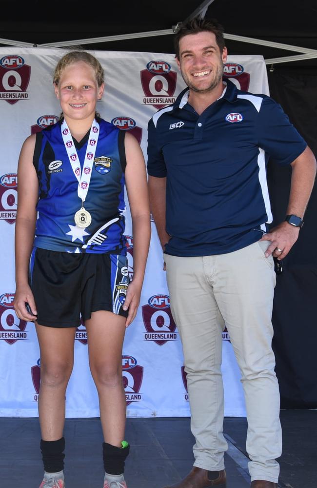 Mooloolaba State School's Millie Murray was awarded back-to-back best on ground medals after helping her team take out the primary female divisions. Picture: High Flyer Images.