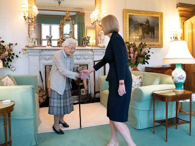 The Queen, who had a dark bruise on her hand, meets Liz Truss at Balmoral Castle. Picture: Jane Barlow / POOL / AFP