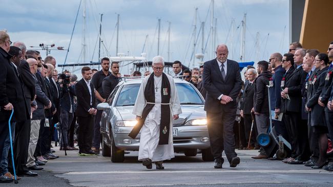 The funeral of Jesse Bird, a former soldier who took his own life in 2017 after his injury claim was rejected by the DVA. Picture: Jake Nowakowski