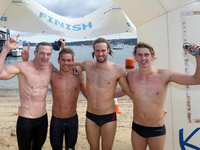 Team winners Tattersals consisting of Peter Thiel, Ollie Signorini, Wally Eggleton and Tom Montgomery, in 2hrs 20mins in the South Head Roughwater Swim at Watsons Bay. Picture: Craig Wilson.
