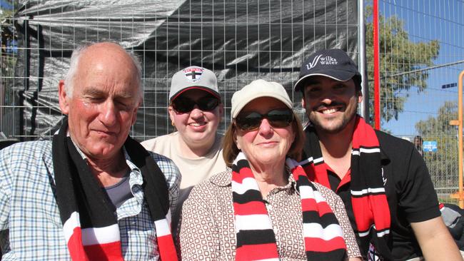 John Nihill, Gillian Wilks, Salaam Al Marashli, and Gabi Nihill at Traeger Park, Alice Springs, for the Demons Saints game on June 1, 2025. Picture: Gera Kazakov