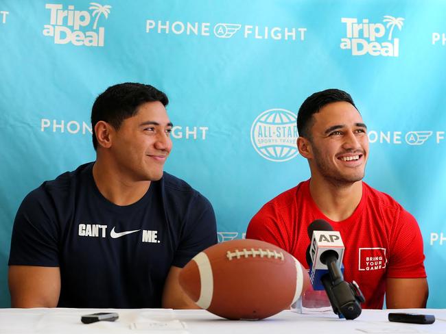 Jason Taumalolo and Valentine Holmes ahead of their NFL trials in Los Angeles.