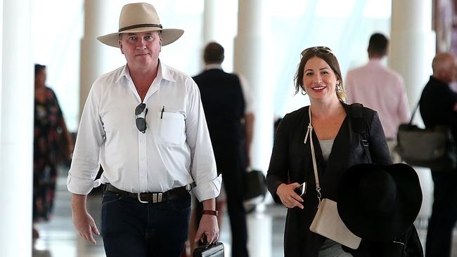 Barnaby Joyce and his pregnant partner Vikki Campion at Canberra airport. Picture: Kym Smith